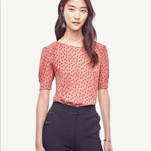 Ann Taylor Dot Shirred Short Sleeve Blouse